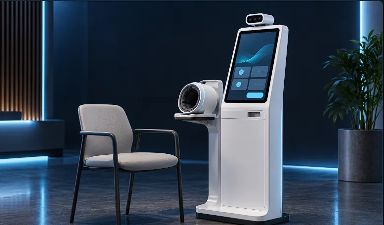 Ekran, tansiyon ölçüm ünitesi ve sensör içeren APIS kiosk konsepti