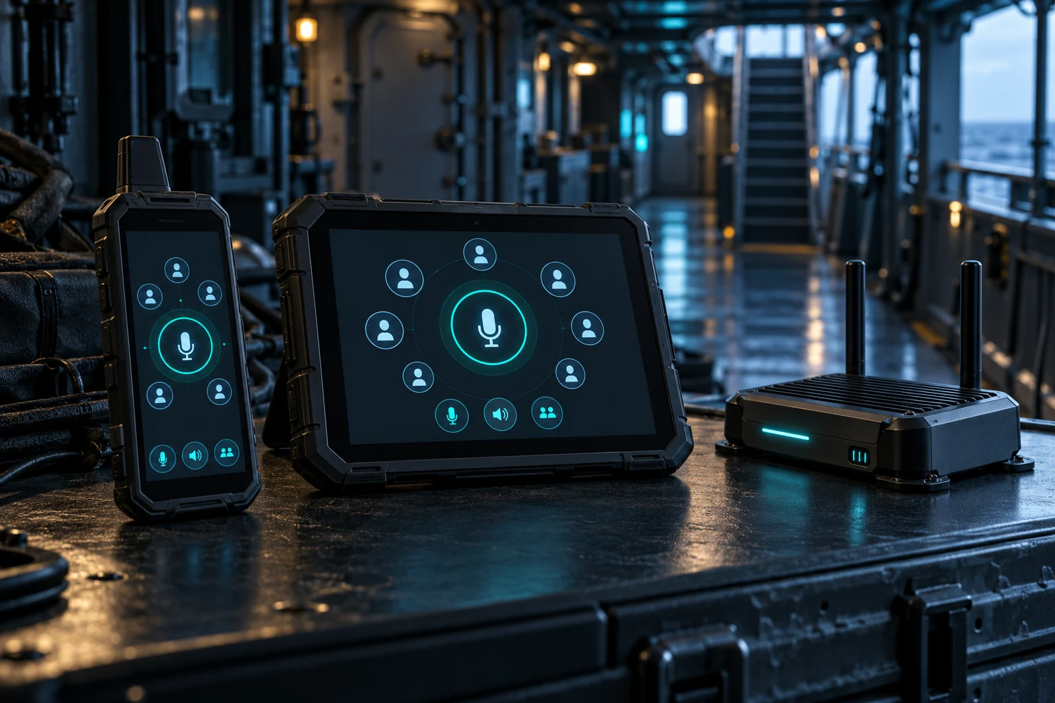 Dayanıklı tablet ve el terminaliyle kablosuz ekip haberleşmesini gösteren görselleştirme